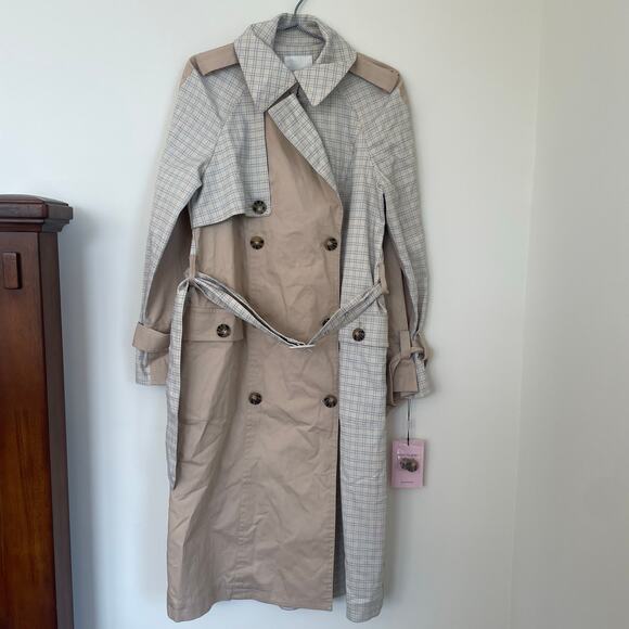 Avec Les Filles Jackets & Blazers - NWT Avec Les Filles Combo Plaid Double-Breasted Trench Coat Sz Medium